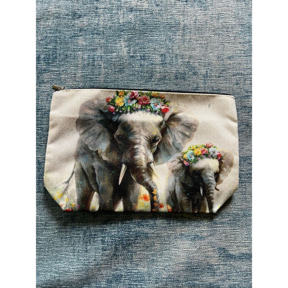 Elephant Mom Baby Floral Cotton Canvas Small Makeup Bag Travel Toiletry Pouch